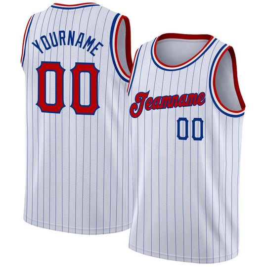 Custom Royal Blue and White Pinstripe Basketball Jersey with Personalized Name and Number