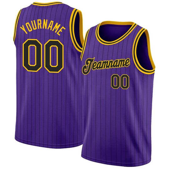 Discover Personalized Basketball Jersey Tank | Custom Name & Number | Purple Black Pinstripe Black Gold | Melo Style O Neck |Gift for Basketball Fans