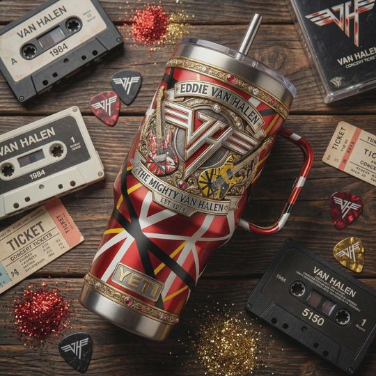 Discover Classic Rock Red Striped Guitar Travel Mug 80s Band Insulated Cup