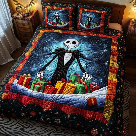 Discover Spooky Christmas Skeleton Quilt Bedding Set Nightmare Comforter Cover Gothic Bedroom Decor Colorful Bedspread Perfect Holiday Gift