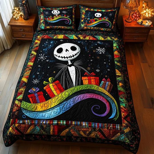Discover Colorful Spooky Skeleton Quilt Bedding Set Nightmare Christmas Comforter Cover Gothic Bedroom Decor Funny Bedspread Gift For Family