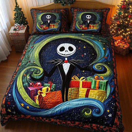 Discover Spooky Skeleton Quilt Bedding Set Nightmare Christmas Comforter Cover Gothic Bedroom Decor Cozy Holiday Bedspread Perfect Kids Gift