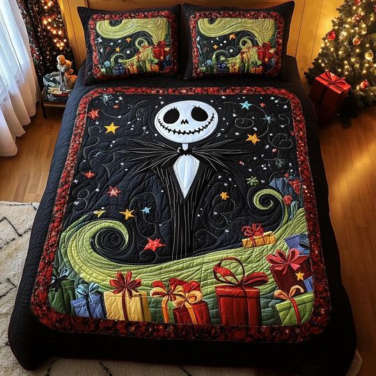 Discover Nightmare Skeleton Quilt Bedding Set Spooky Christmas Comforter Cover Gothic Bedroom Decor Colorful Holiday Bedspread Family Gift