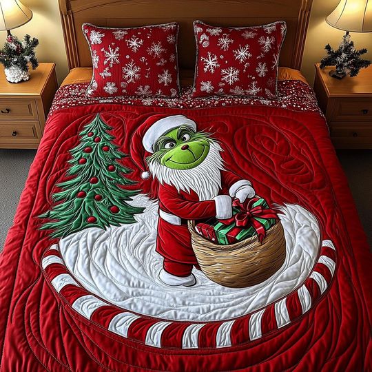 Discover Cute Green Monster Quilt Bedding Set Red Winter Christmas Comforter Cover Festive Holiday Bedroom Decor Cozy Bedspread Perfect Gift