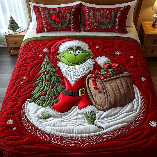 Discover Red Green Monster Quilt Bedding Set Funny Christmas Comforter Cover Festive Winter Bedroom Decor Cozy Holiday Bedspread Family Gift