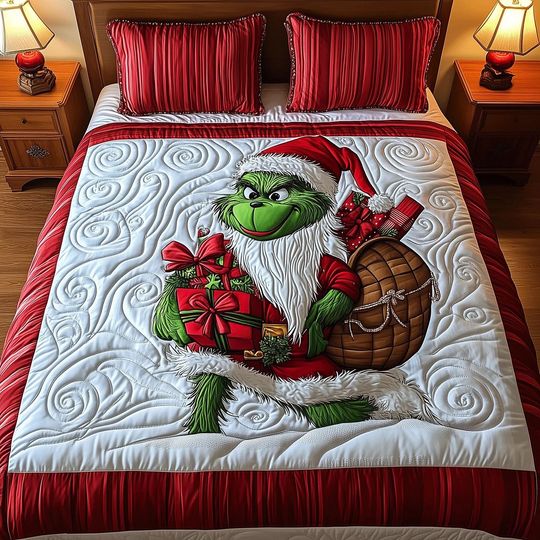 Discover Grumpy Green Monster Quilt Bedding Set Red Christmas Comforter Cover Festive Holiday Bedroom Decor Cozy Bedspread Perfect Room Gift