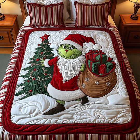 Discover Funny Green Monster Quilt Bedding Set Santa Christmas Comforter Cover Festive Holiday Bedroom Decor Cozy Bedspread Perfect Kid Gift