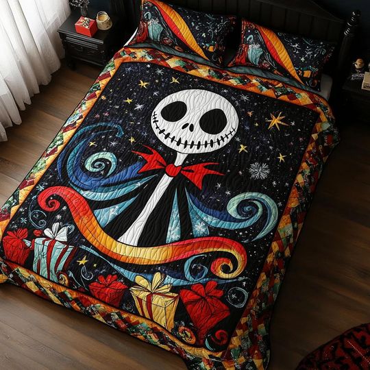 Discover Colorful Skeleton Quilt Bedding Set Nightmare Holiday Comforter Cover Gothic Bedroom Decor Festive Christmas Bedspread Perfect Gift
