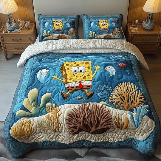 Discover Cute Yellow Sponge Quilt Bedding Set Under Sea Cartoon Comforter Cover Colorful Ocean Bedroom Decor Fun Bedspread Perfect Kids Gift
