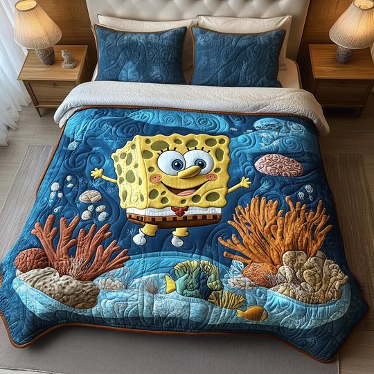 Discover Funny Yellow Sponge Quilt Bedding Set Ocean Life Comforter Cover Under The Sea Bedroom Decor Colorful Bedspread Perfect Kids Room Gift
