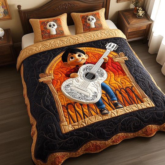 Discover Cute Guitar Boy Quilt Bedding Set Sugar Skull Comforter Cover Colorful Mexican Bedroom Decor Beautiful Bedspread Perfect Kids Gift