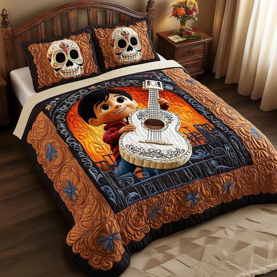 Discover Mexican Guitar Boy Quilt Bedding Set Colorful Skull Comforter Cover Cute Music Bedroom Decor Beautiful Bedspread Perfect Family Gift