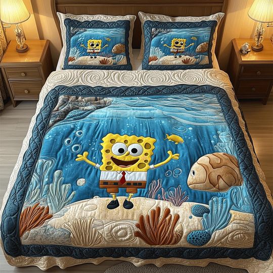 Discover Funny Yellow Sponge Quilt Bedding Set Ocean Coral Comforter Cover Under The Sea Bedroom Decor Cute Bedspread Perfect Kids Room Gift