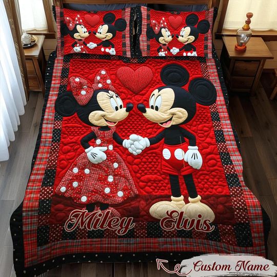 Discover Personalized Cute Mouse Quilt Bedding Set Custom Name Romantic Comforter Cover Red Plaid Bedroom Decor Love Bedspread Perfect Couple Gift