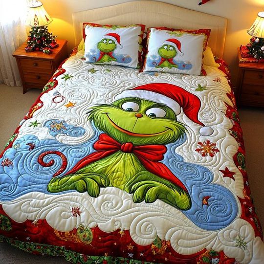 Discover Funny Green Monster Quilt Bedding Set Christmas Holiday Comforter Cover Cozy Winter Bedroom Decor Festive Bedspread Perfect Kids Gift