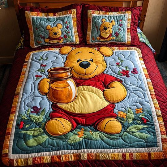 Discover Adorable Honey Bear Quilt Bedding Set Cozy Comforter Cover Colorful Floral Bedroom Decor Beautiful Bedspread Perfect Gift For Kids