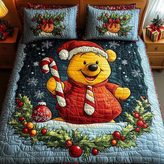 Discover Merry Christmas Bear Quilt Bedding Set Festive Holiday Comforter Cover Winter Bedroom Decor Cute Animal Bedspread Perfect Gift For Kids