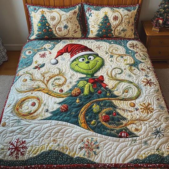 Discover funny character Christmas Tree Bedding Set 3 Piece Quilted Blanket Holiday Swirl Decor Xmas Quilt Set Festive Bedroom Gift for funny character Fans and Kids