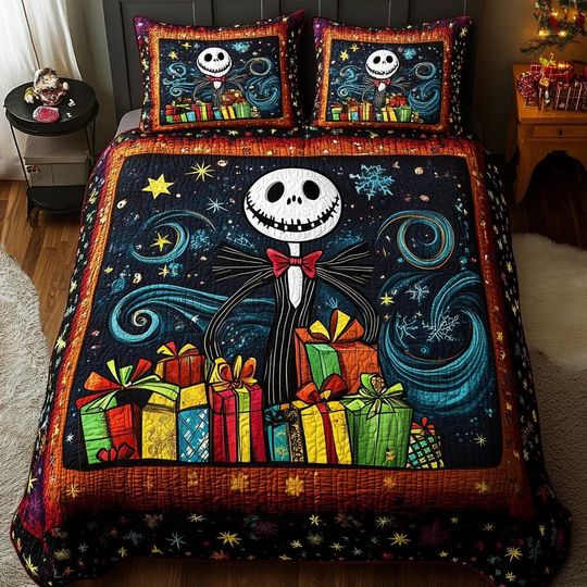 Discover Spooky Christmas Quilt Bedding Set Nightmare Holiday Comforter Cover Gothic Bedroom Decor Skeleton Bedspread Perfect Holiday Gifts