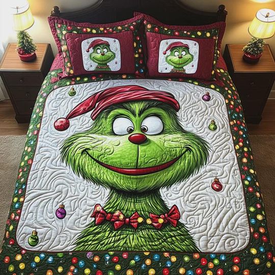 Discover funny character Christmas Bedding Set 3 Piece Quilted Blanket Festive Lights Decor Xmas Holiday Quilt Set funny character Inspired Bedroom Gift for Kids Teens