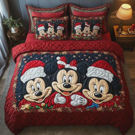 Mickey Minnie Mouse Christmas Bedding Set 3 Piece Quilted Blanket Holiday Decor Disney Inspired Xmas Quilt Set Festive Gift for Kids Room