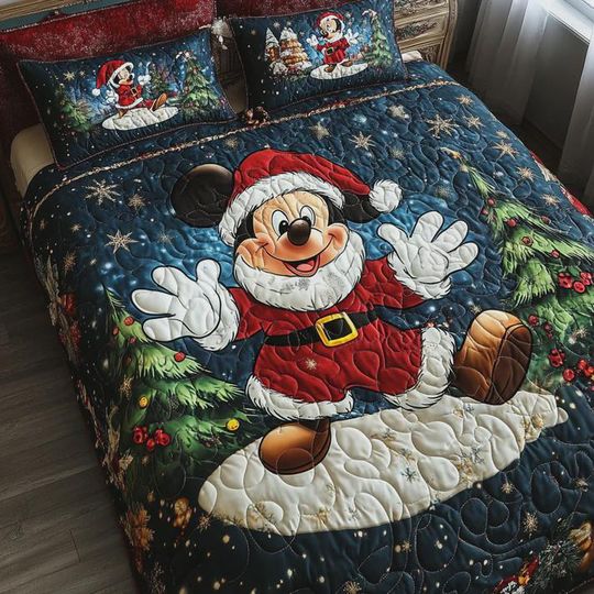 Discover Santa Mickey Mouse Christmas Bedding Set 3 Piece Quilted Blanket Snowy Night Decor Disney Inspired Xmas Quilt Set Festive Gift for Kids Room