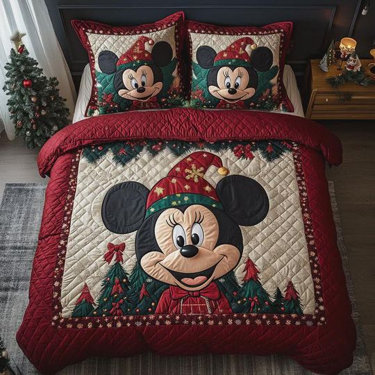 Minnie Mouse Christmas Bedding Set 3 Piece Quilted Blanket Holiday Decor Disney Inspired Xmas Quilt Set Festive Bedroom Gift for Girls Room
