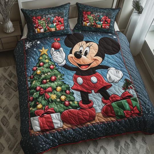 Discover Mickey Mouse Winter Christmas Bedding Set Quilted Holiday Blanket Night Forest Decor Disney Inspired Xmas Quilt Set Festive Gift for Kids
