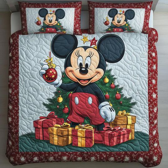 Mickey Mouse Festive Christmas Bedding Set 3 Piece Quilted Blanket Holiday Decor Disney Inspired Xmas Quilt Cover Gift for Kids and Family