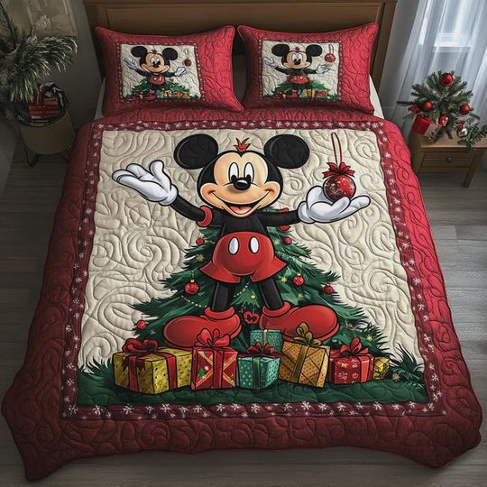 Discover Mickey Mouse Christmas Gift Quilt Set Holiday Bedding 3 Piece Quilted Blanket Festive Decor Disney Inspired Xmas Bedroom Gift for Children