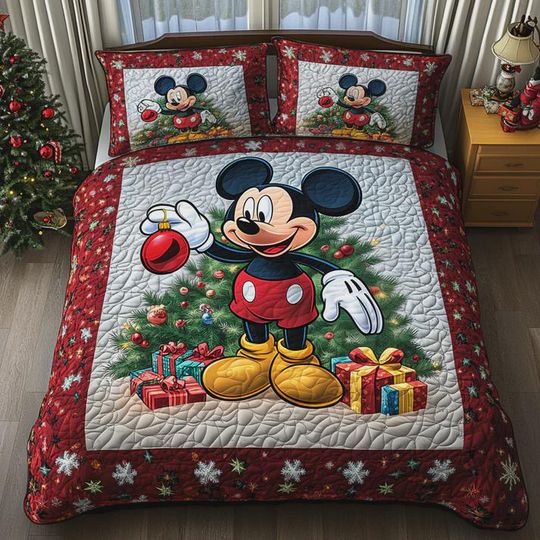 Discover Mickey Mouse Holiday Bedding Set Quilted Xmas Blanket Snowflake Decor Disney Inspired Christmas Quilt Set Festive Gift for Kids and Teens