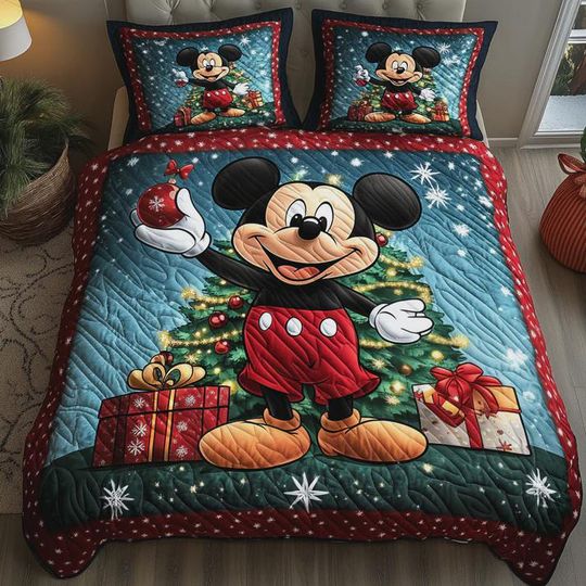 Discover Mickey Mouse Christmas Bedding Set 3 Piece Quilted Blanket Xmas Holiday Decor Disney Inspired Quilt Set Festive Bedroom Gift for Kids