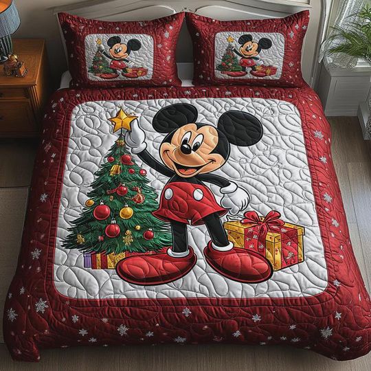 Discover Mickey Mouse Christmas Quilt Set Festive Star Bedding 3 Piece Quilted Blanket Holiday Decor Disney Inspired Xmas Gift for Kids Bedroom
