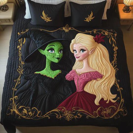 Wicked Witch Bedding Set Elphaba and Glinda Quilted Blanket Musical Theater Decor Pink and Green Quilt Set Broadway Fan Gift for Bedroom