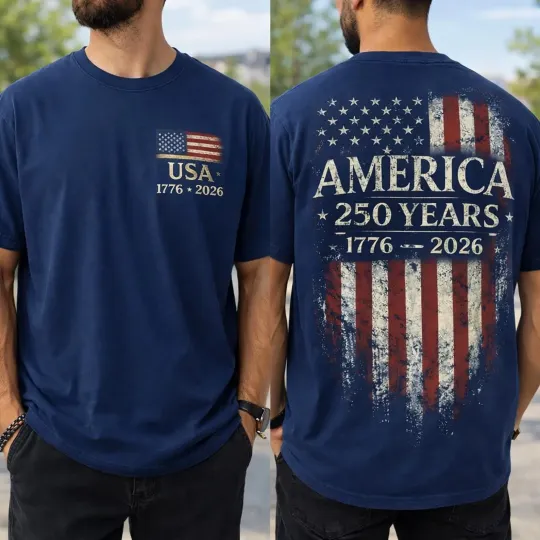 Discover America 250 Years Mens T-Shirt 1776-2026 USA Flag Vintage 4th of July Tee