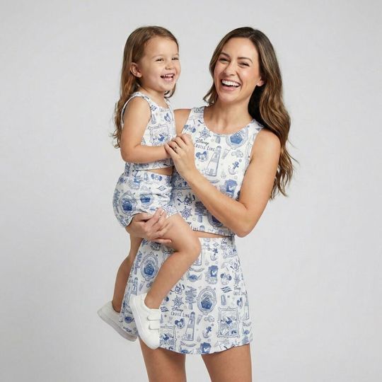 Discover Elegant Blue Ink Art Disney Cruise Line Activewear Set, DCL Nautical Lighthouse Sailing Outfit, Spring Vacation Women Summer Skort Gear