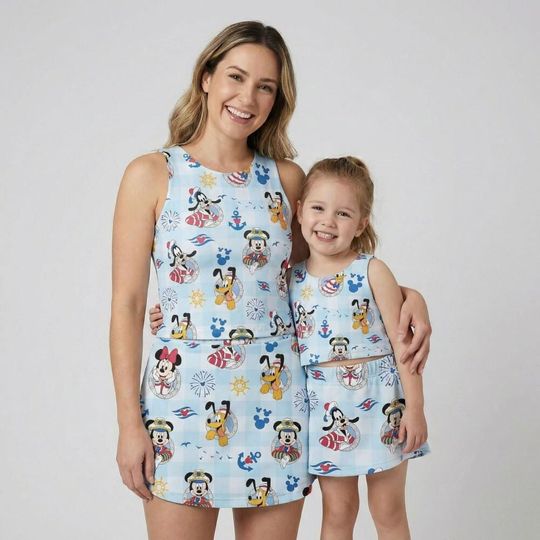 Refreshing Blue Gingham Mickey Cruise Activewear Set, Nautical Ship Anchor Ribbon Outfit, Disney Cruise Line DCL RunDisney Summer Skort