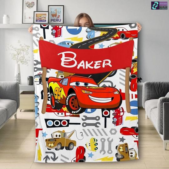 Discover Personalized Car World Blanket, Custom Name Red Racing Car Fleece Blanket, Lightning McQueen Fleece Blanket, Cars Characters Throw Blanket