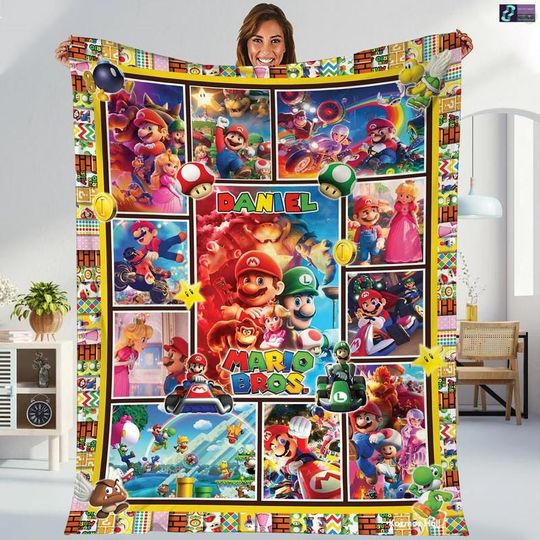 Personalized Super Mario Bros Blanket, Super Mario Birthday Fleece Blanket, Super Mario Luigi Bowser Princess Peach Blanket, Funny Blanket