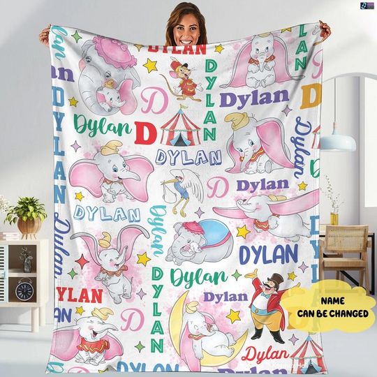 Discover Personalized Watercolor Disneyland Dumbo Blanket, Custom Name Dumbo Elephant Birthday Blanket, Disneyland Dumbo Baby Name Decoration Blanket