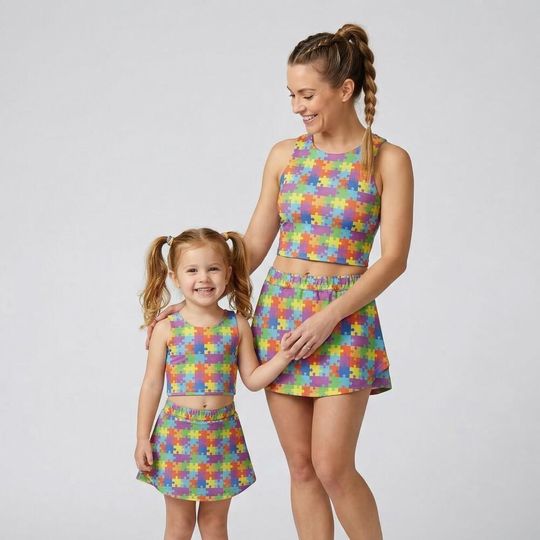 Supportive Autism Awareness Puzzle Activewear, Colorful Interlocking Pieces Tennis Set, Women Kids Neurodiversity Run Outfit 2026