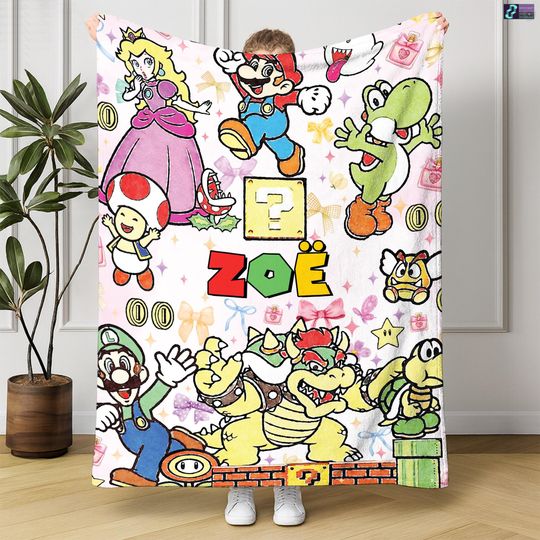 Personalized Super Mario Watercolor Coquette Bow Blanket, Custom Name Mario Blanket, Mario Bowser Luigi Princess Peach Blanket Birthday Gift