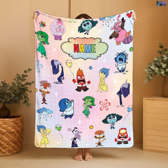 Discover Personalized Watercolor Disneyland Pixar Inside Out Blanket, Joy Disgust Sadness Anger Anxiety Ennui Envy Inside Out 2 Movie Birthday Gift