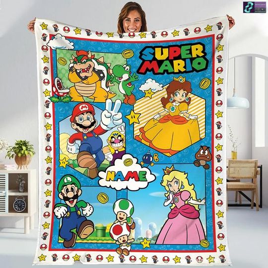 Discover Personalized Super Mario Blanket, Custom Name Mario Blanket, Mario Bowser Luigi Princess Peach Blanket, Super Mario Blanket, Birthday Gift
