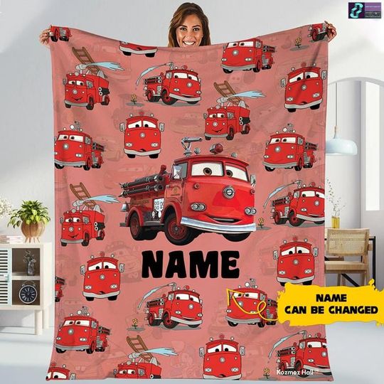 Discover Disneyland Red The Fire Truck Cars Movie Fleece Blanket, Personalized Red Fire Truck Blanket For Bed Couch Sofa, Red Cars Birthday Blanket