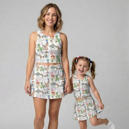 Toy Story Activewear Set, Woody Buzz Jessie Doodle Mirror Print, runDisney Pixar Race Outfit 2026, Mommy and Me Tennis Skirt