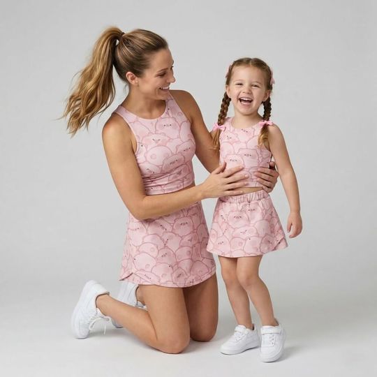 Adorable Pink Pig Activewear Set, Cute Animal Print Tennis Skirt and Tank, Farm Theme Workout Outfit, Girls Women Matching Set 2026