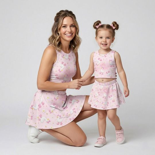 Whimsical Mother Goose Activewear Set, Clay Pink Ribbon Coquette Bow Outfit, Mommy and Me Mother's Day Gift 2026, Matching Tennis Set