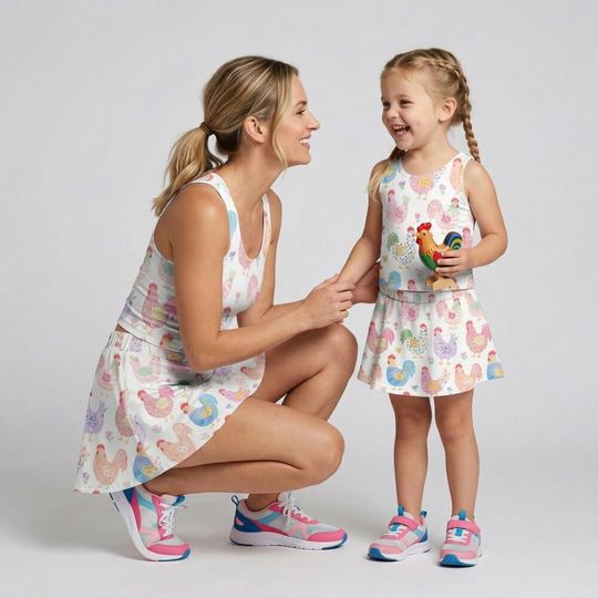 Discover Cottagecore Mama Hen and Chick Activewear, Chicken Floral Tennis Set, Mother's Day Gift 2026, Matching Mommy and Me Workout Gear