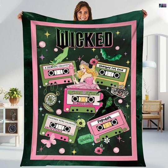 Discover Wicked Changed For Good Cassette Blanket, Glinda Elphaba Defy Gravity Broomstick Magic Wand Blanket, Disneyland Wizard Movie Throw Blanket